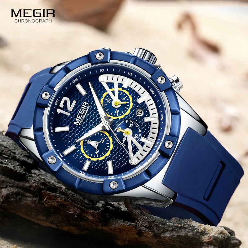 MEGIR Army Sports Waterproof Quartz Wrist Watches for Men Blue Silicone Stopwatch Relojios Masculinos Clock Luminous 2083GBE-2