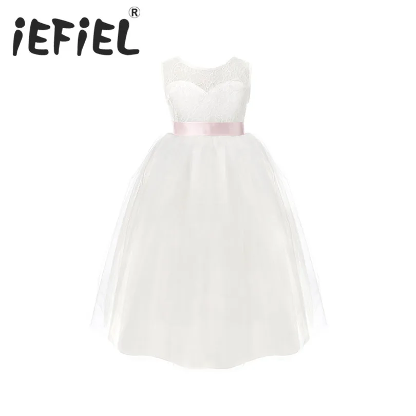 iEFiEL Lace White Flower Girl Dresses Back Hollow Heart Shape First Communion Dresses Girls Princess Pageant Party Bridal Dress