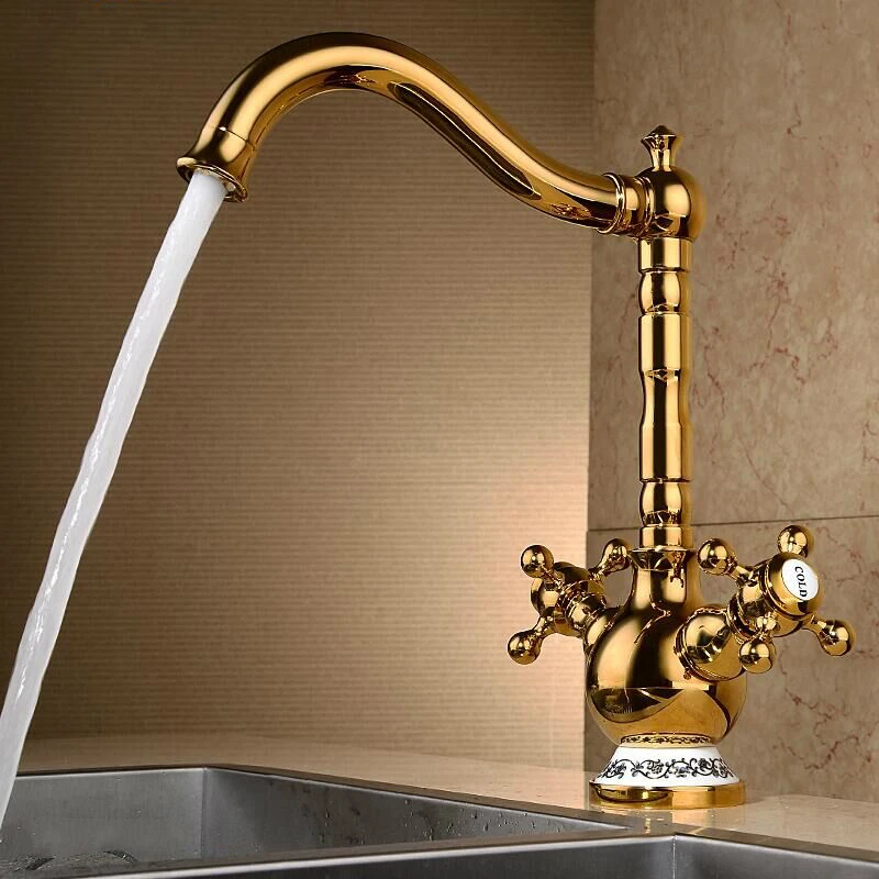 Kitchen Sink Faucet Deck Mounted Hot & Cold Brass Basin Faucet Double Use Ceramic Base Dual Handle Gold Finished Bathroom Crane