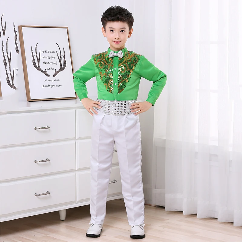 Jazz Dance Costumes Sequins Costumes Boys Long Sleeve Outfits Kids Performance Wear Stage Dancewear Hip Hop Clothes Set DNV11583