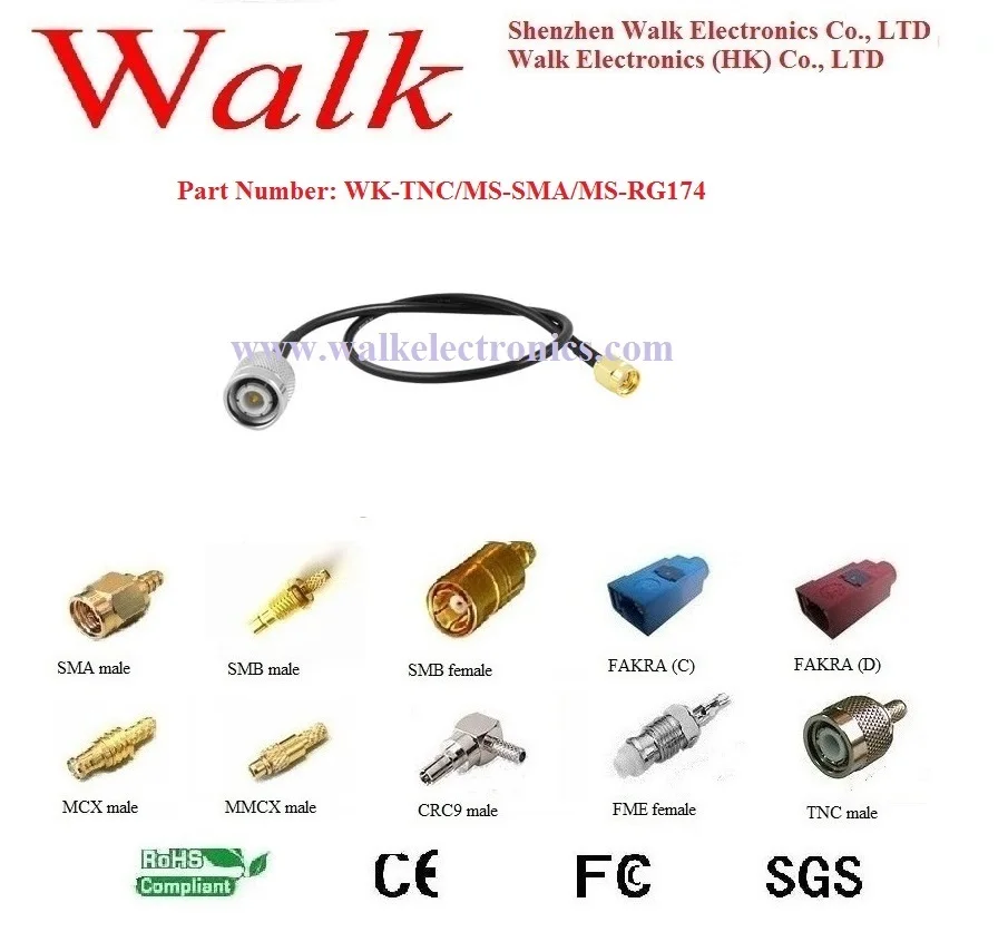 

RF cable assembly: TNC male straight bulkhead to SMA male straight with RG174 cable