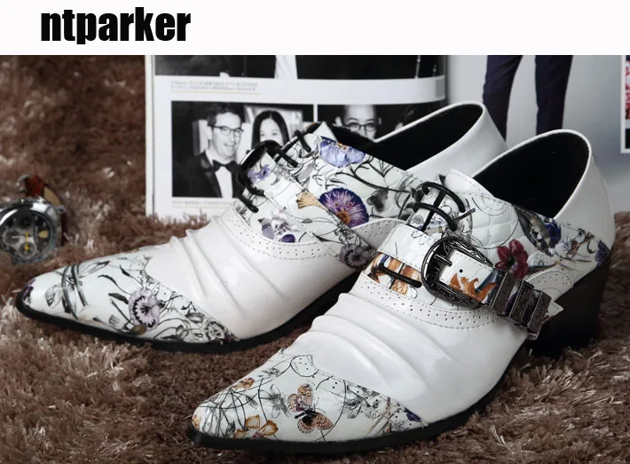 

ntparker Japanse Style Fashion men's Leather Shoes Height Increased White Men's Wedding Shoes print dress shoes pointed toe