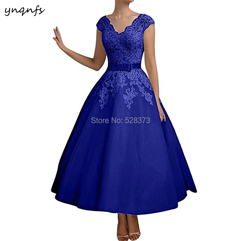 YNQNFS MD220 Elegant Vintage Mother of the Bride Dresses Groom Outfits V Neck Tea Length Puffy A-Line Custom Made 2019