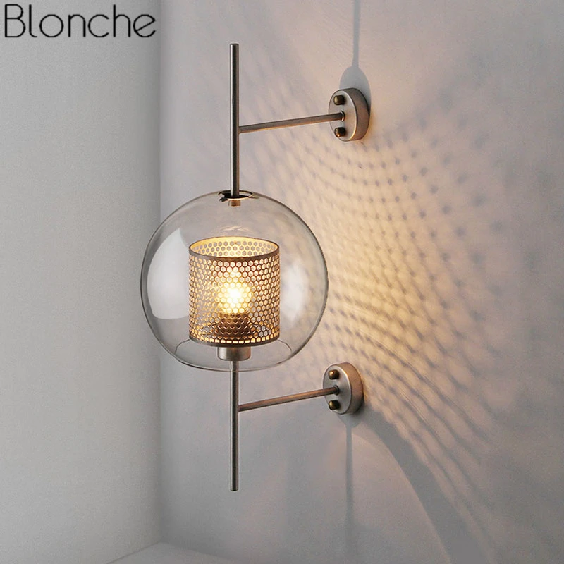 Modern Clear Glass Shade Scones Wall Lamps for Bedroom Bedsides Study Hanging Lights Loft Retro Iron Mirror Light Net Fixtures