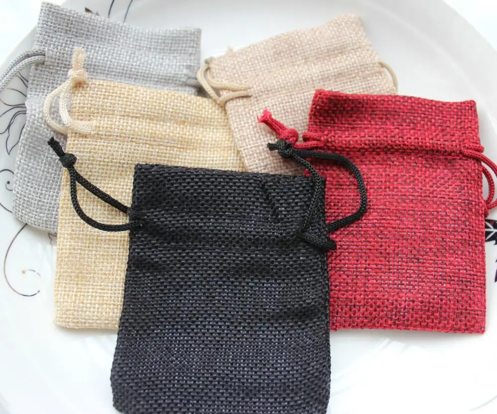 100pcs vintage rustic burlap bag - pouch - Drawstring - gift bag - 7cm x 9cm mix color assorted jute bags