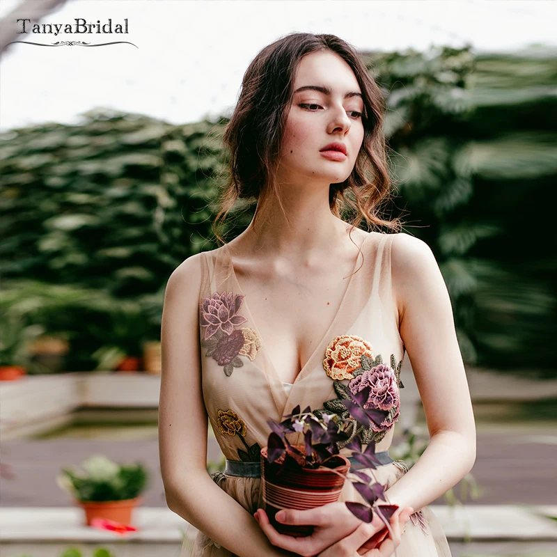 Vestidos De novia De tul champán Apliques De encaje una línea vestidos De novia romántico único bohemio Vestido De Noivas DW126