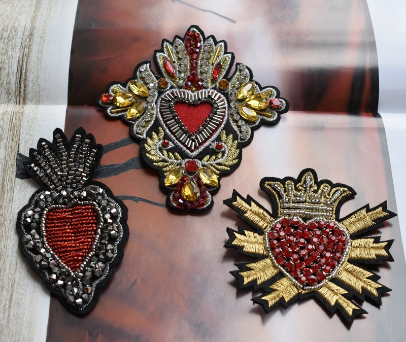 2piece Beaded Crystal Red Diamond Heart Crown Patches Embroidery Applique Sew on Gold Badge  Clothes Craft Sewing