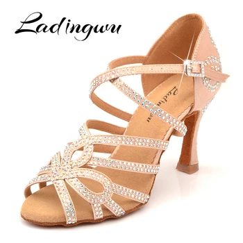 Ladingwu Nieuwe Aankomst Latin Dansschoenen Dubbele Rhinestone Shining Skin Black Satin Vrouwen Stijldansen Schoenen Cuba Hak 9 cm
