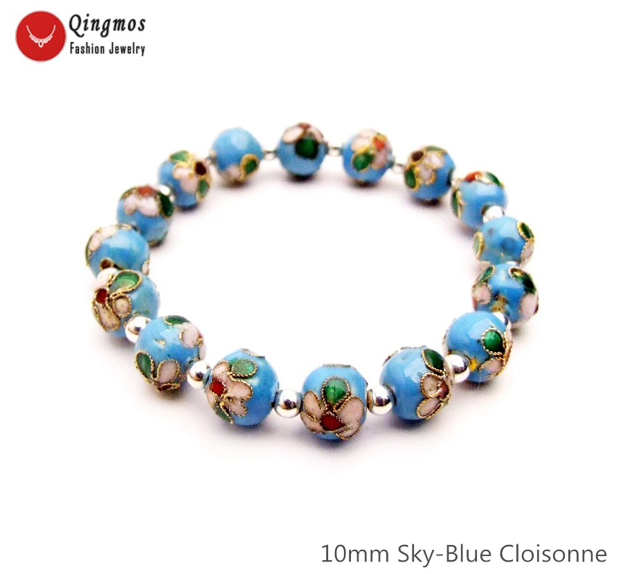 Qingmos Trendy Cloisonne Bracelet for Women with 10mm Round Sky-Blue Cloisonne Beads Bracelet Jewelry 7.5'' China Feature bra126