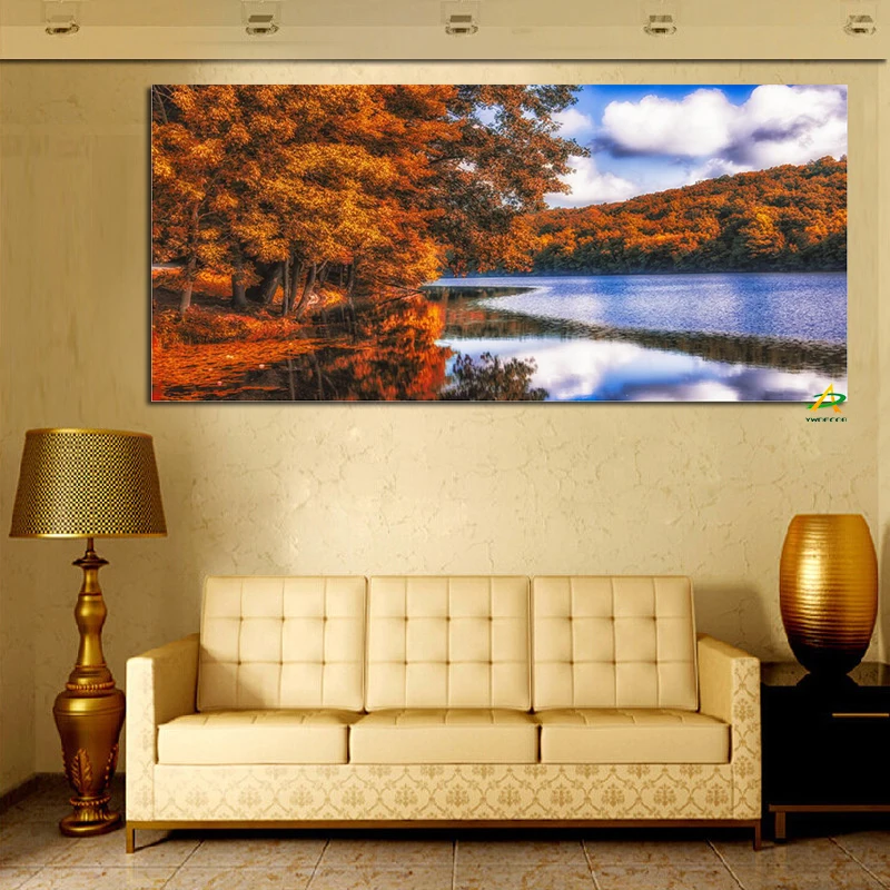 

HD Print Autumn Lake Forest White Sky Landscape Oil Painting Modern Wall Picture for Living Room Canvas Pop Giclee Art Poster