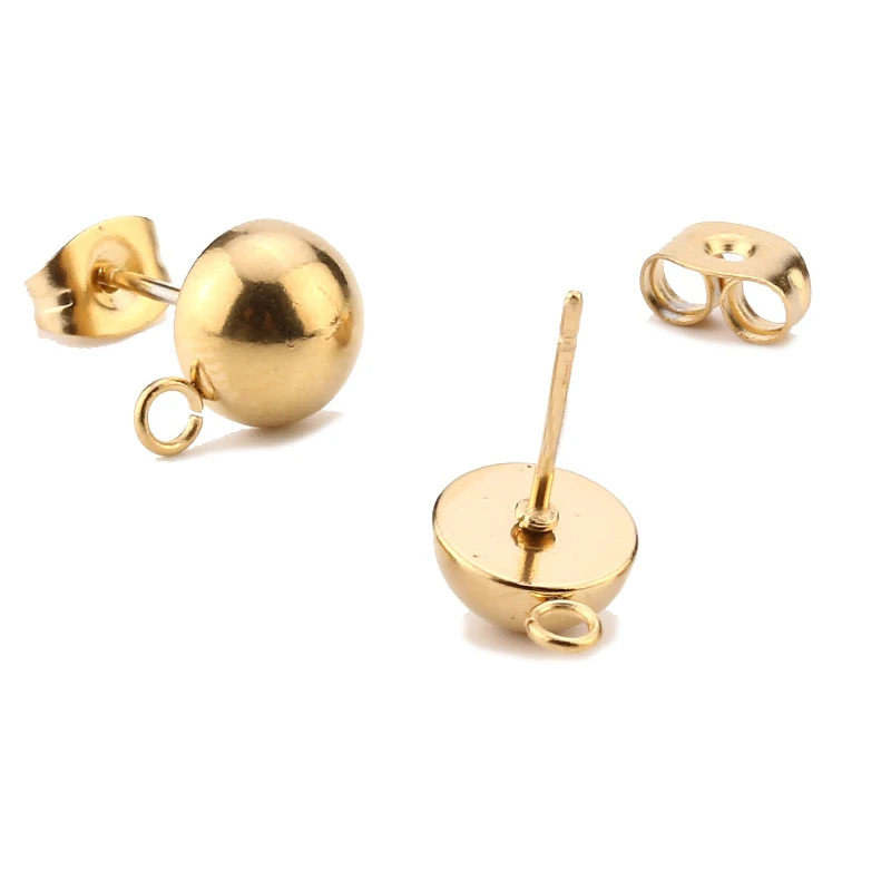 Pendientes de acero inoxidable en tono dorado, 10 piezas, 6mm/8mm, Base sólida, Media bola, poste para la oreja con anillo abierto para la fabricación de pendientes