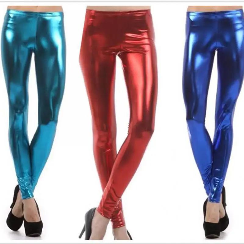 Plus Size Latex Metallic Leggings Candy color Faux Leather Legging Mid Waist Ankle Length Pants Women legging Black / Gold