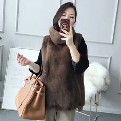 2024 New Real Mink Fur Vest Women Regular Overhead  Coat High Collar Winter Warm Thick  Whole Mink Fur  Bows Jacket