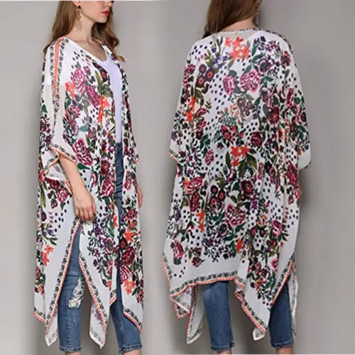 

Plus Size Long Beach Cover-Ups Women Vintage Floral Loose Shawl Cardigan Bikini Monokini Chiffon Cover Ups Swimsuit