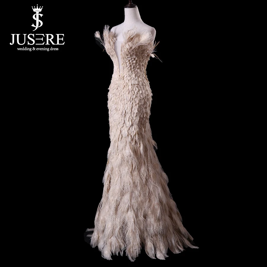 Off Shoulder Plugging V neckline Zipper Up Back Floor Length Elegant Queen Luxury Feather Mermaid Champagne Evening Dress