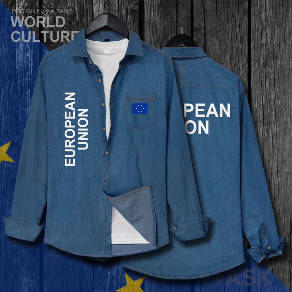 

European Union United in Diversity EU EUR Men clothes Autumn Cotton Turn-down Collar Jeans Shirt Long Sleeve Tops Cowboy Coat