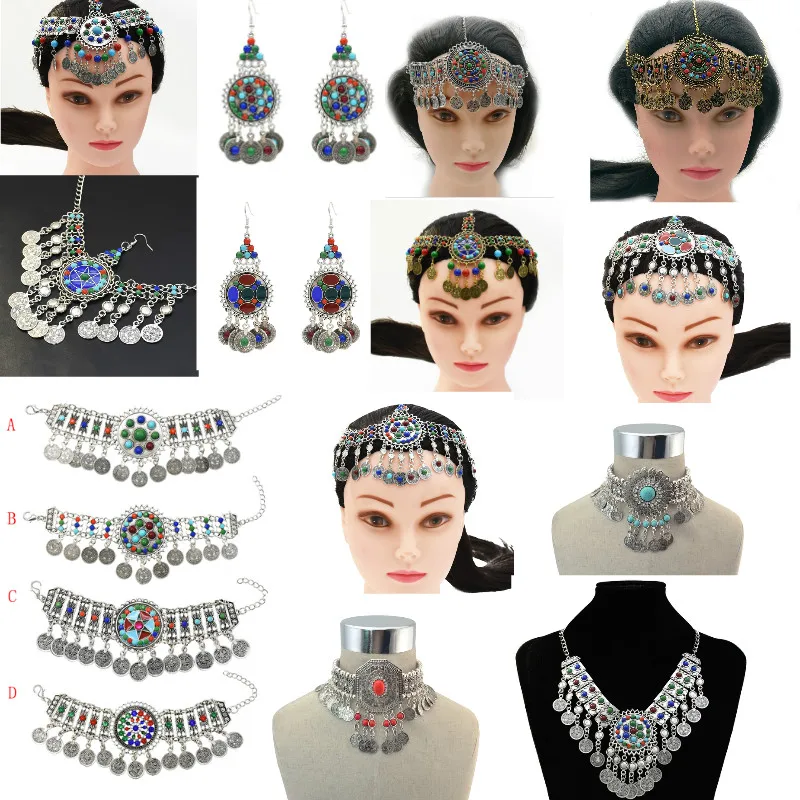 Pakistan Ethnic Colorful Bead Coin Headpiece Necklace Earrings Bracelet Set for Women Afghan Indian Moroccan Traditional Jewelry