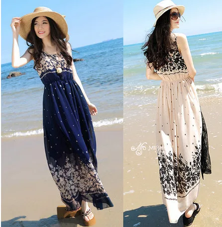 

The new 2014 women's wear sleeveless floral chiffon dress Bohemian straps beach dress for a holiday