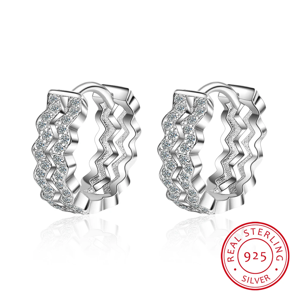 

Real 925 Sterling Silver Minimalist Zirconia Round Double Wave Hoop Earrings For Women Party Fine Jewelry Cute Accessories