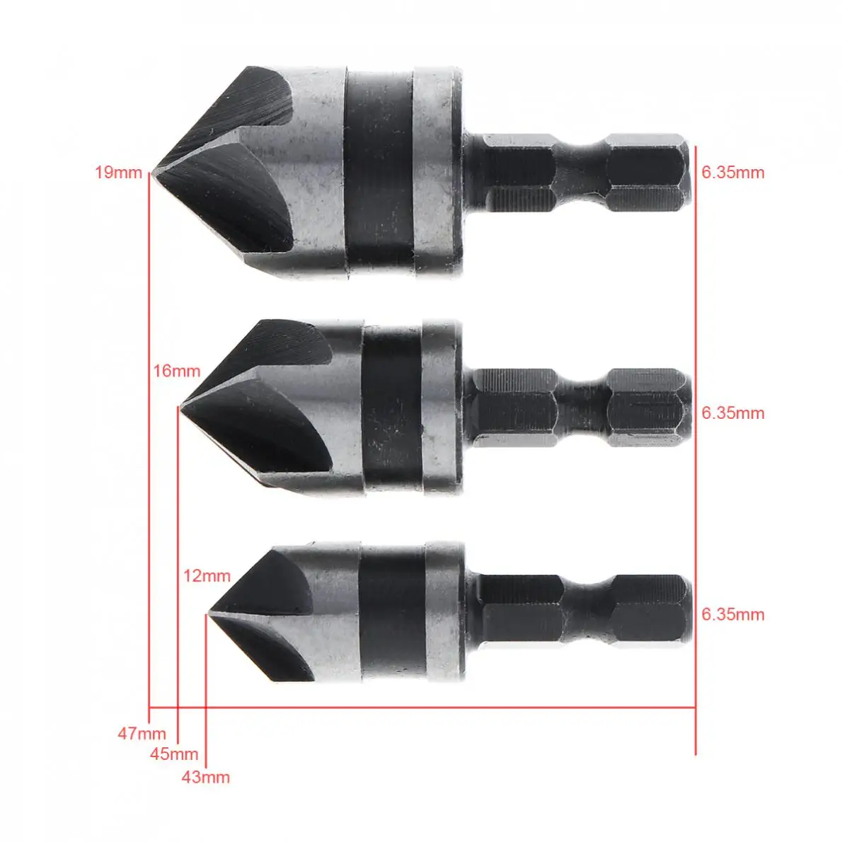 3 개/몫 5 플룻 90도 HCS 육각 12-19mm 모따기 커터 카운터 싱크 목공