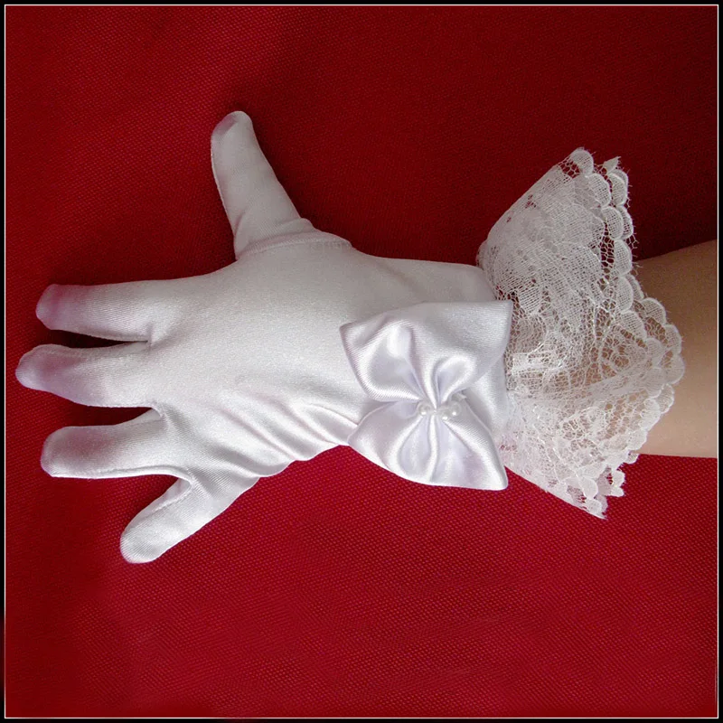 Lovely Elastic Girl Etiquette Performance Lace Wrist Gloves Satin Flower Lace Bow Gloves Short Children Princess Dance Glove B98