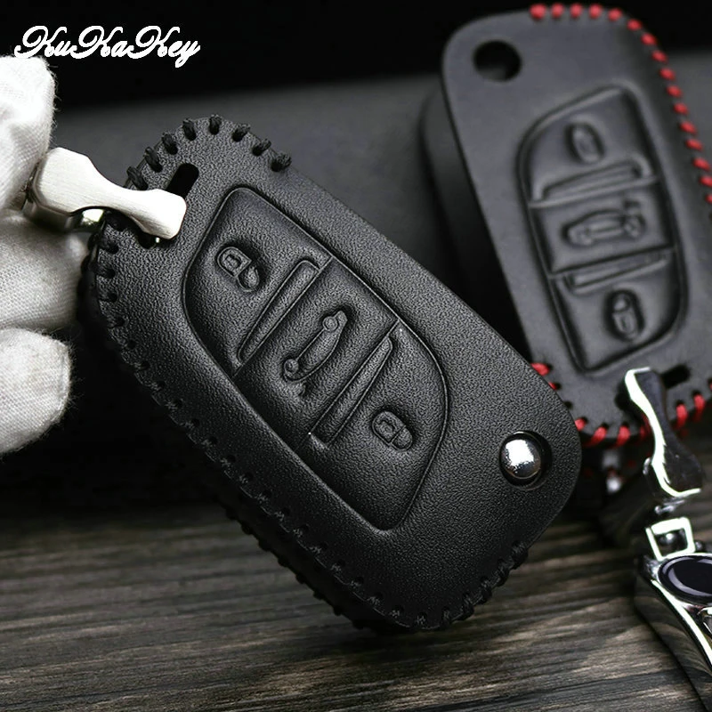 Genuine Leather 3 Buttons Car Key Cover Case For Peugeot 206 307 308 207 407 208 2008 508 C5 C4L 406 3008 106 Smart Key Shell