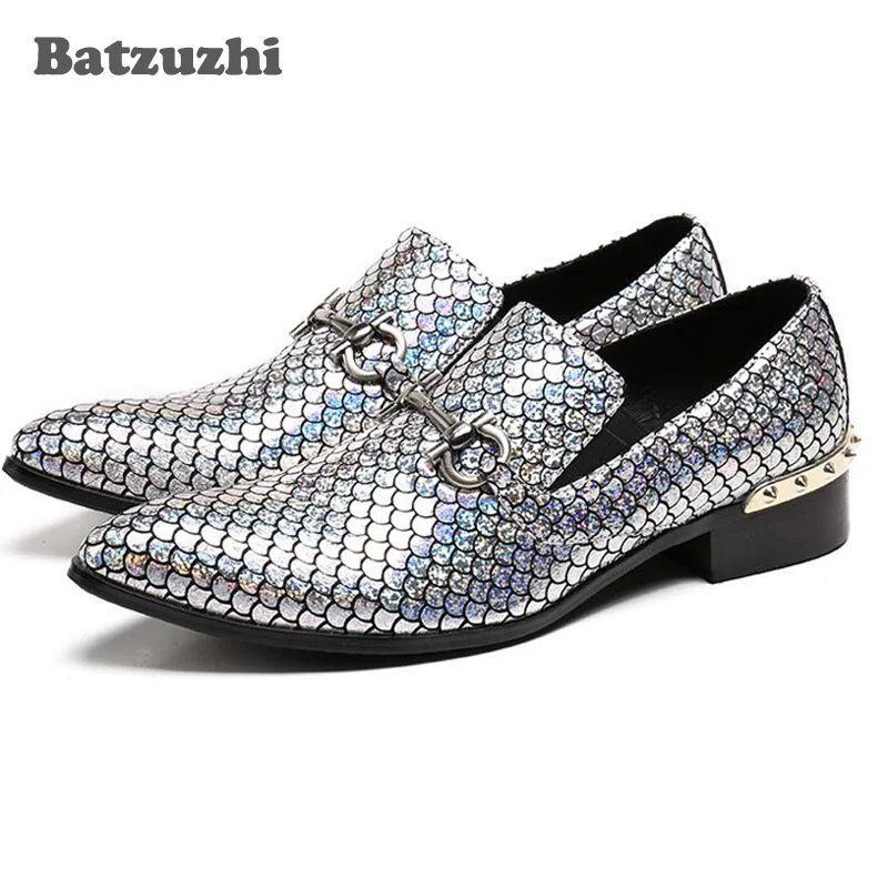 

Batzuzhi Italian Men Dress Shoes Genuine Leather Luxury Wedding Business Male Shoes Pointed Toe Formal Shoes Shinny Sliver Shoes