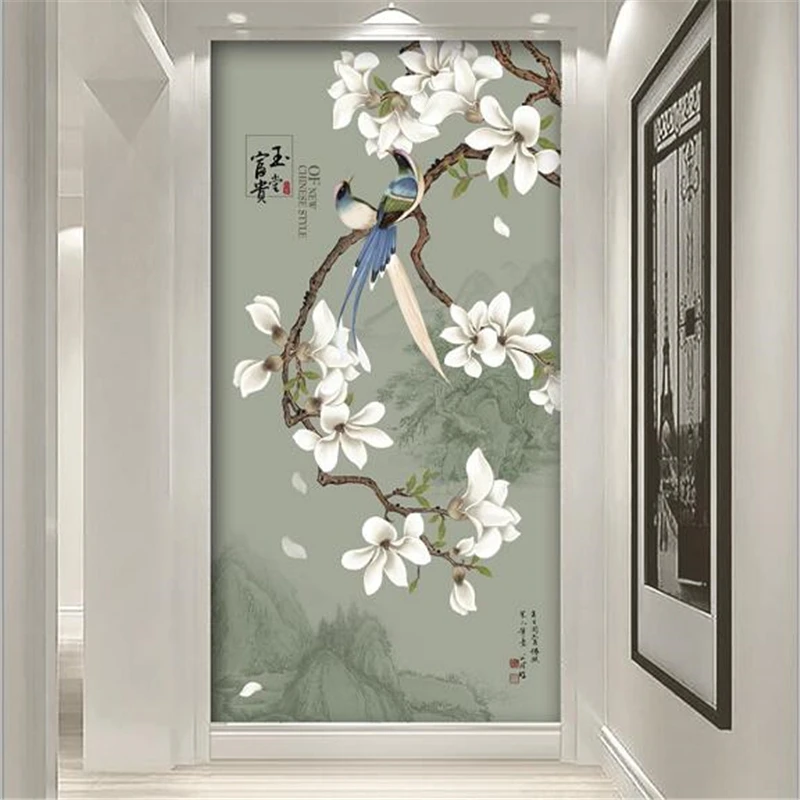 beibehang Custom wallpaper 3d Photo Mural New Chinese Ink landscape Magnolia flower Bird Entrance wallpaper Decorative painting