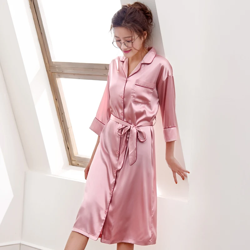 

High Grade Real Silk Nightgown Women Big Yards Sleepshirt Seven-quarter Sleeve Turndown Nightwear Sleepwear Cardigan Nightdress