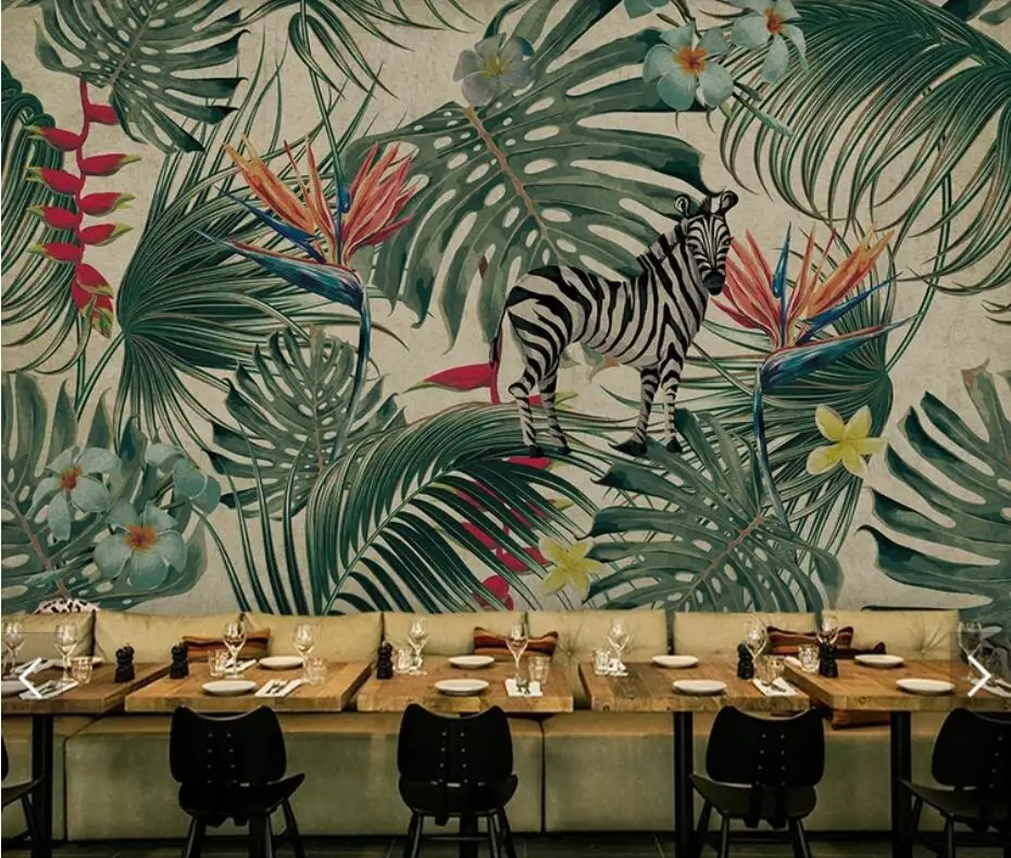 

Turtle Bamboo Zebra Murals Tropical Leaves Flower Wallpaper Mural for Living Room Hand Painted Contact Paper Wall