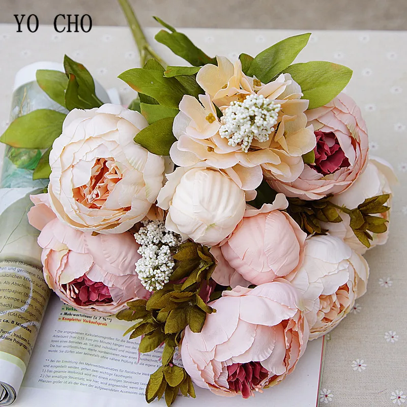 YO CHO Bride Wedding Bouquet Artificial Silk Peony Bouquet DIY Home Party Decorations Table Center Ornaments False Flowers