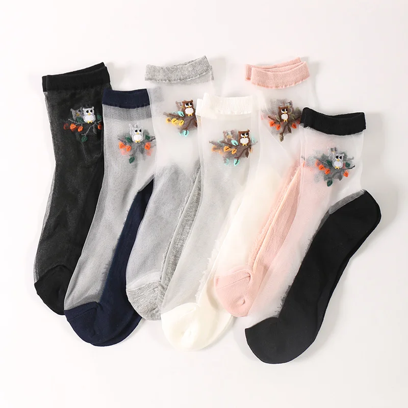 

Novelty 5 Pairs/Lot Summer Women Cute Cartoon Owl Thin Short Socks Femme Lotita Transparent Sharpety Ladies Kawaii Sexy Bas Meia