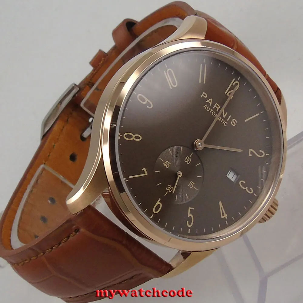 42mm parnis coffee dial rose golden case date window automatic mens watch P957B