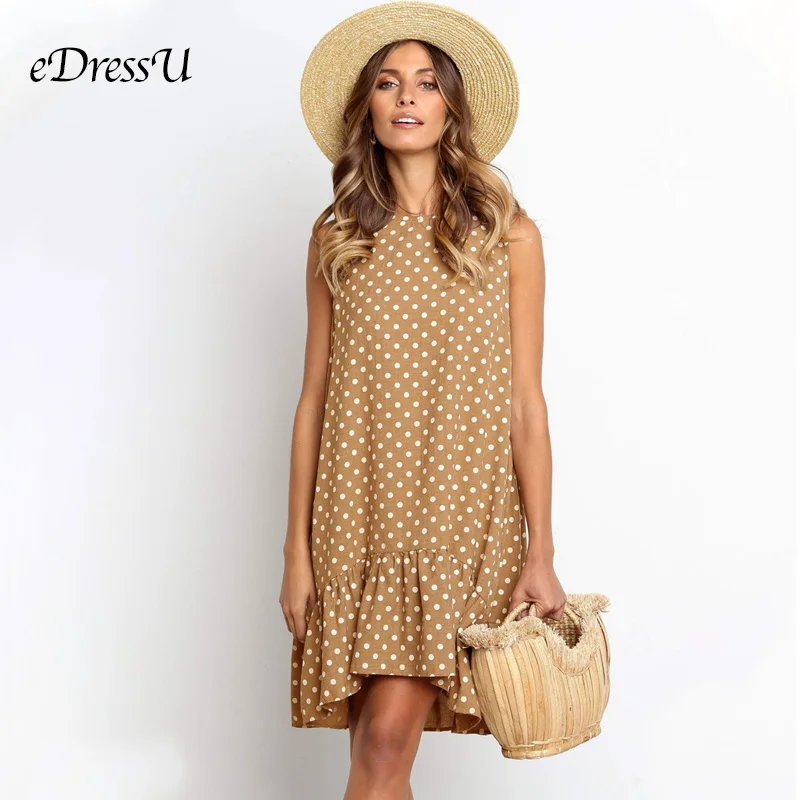 8 Colors Pink Polka Dot Dress Loose Sleeveless Ruffles Casual Summer Dress Knee Length Korean Daily Dress eDressU CLX-101112