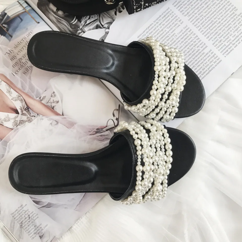 

Flats round peep toe women Pearls Flat Slippers Outdoor Mules Flip Flop Beads Slides Beach Shoes Woman Sandalet