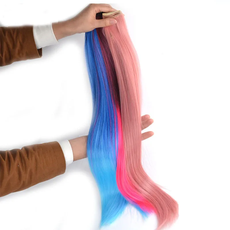 Jeedou Straight  Blue Rainbow Balayage Ombre Color Clip In One Piece Hair Extension Synthetic Halloween Cosplay Hairpiece