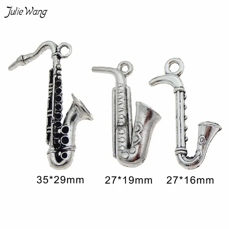 Julie Wang 6pcs Mixed Music Instrument SaxoPhone Charms Antique Silver Color Alloy Pendant Jewelry Keychain Necklace Accessory