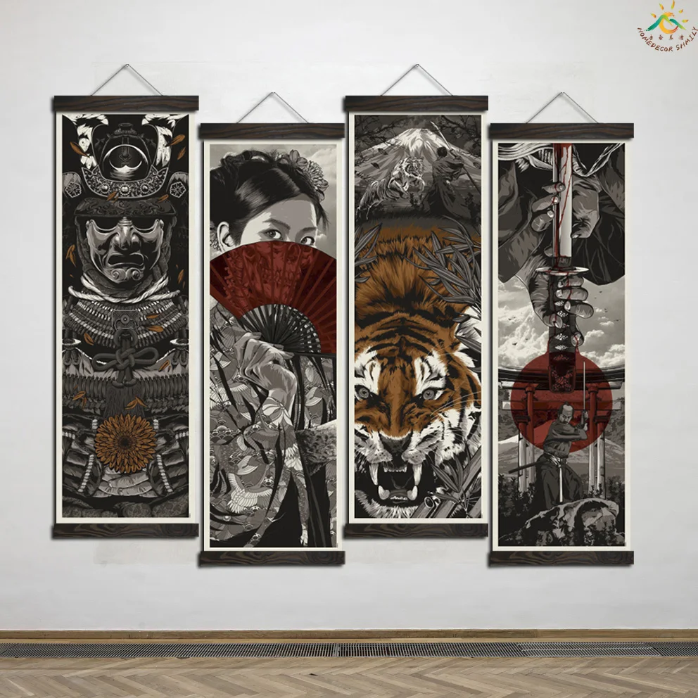 

Japanese Manga Geisha Warrior Tiger Vintage Scroll Posters and Prints Scroll Painting Canvas Wall Art Pictures Frame Painting