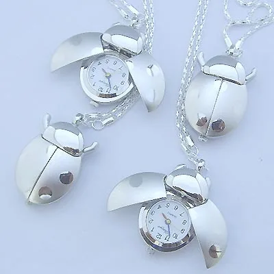 Wholesale Price 10pcs/Lot Silver Ladybug Beetle Necklace Pendant Pocket Quartz Watch Chain Gift GL02ST kids watch boy girls gift