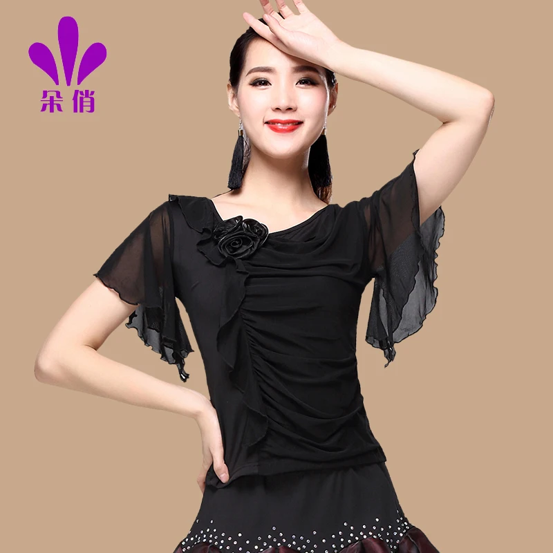 Camisa de baile cuadrada para mujer, ropa de baile de talla grande, manga corta, moda femenina, Rumba, Samba, novedad de verano, abrigos de baile, B-4342