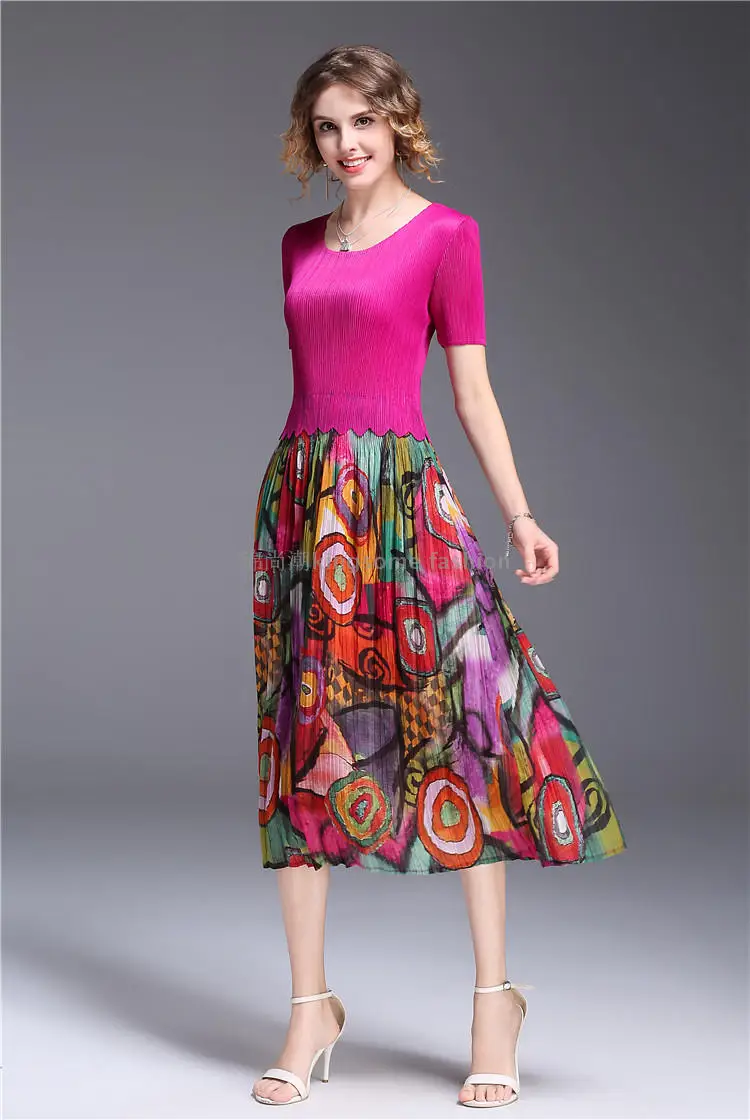 

HOT SELLING Miyake fold dress elastic net yarn splicing lace dress with short sleeves IN STOCK