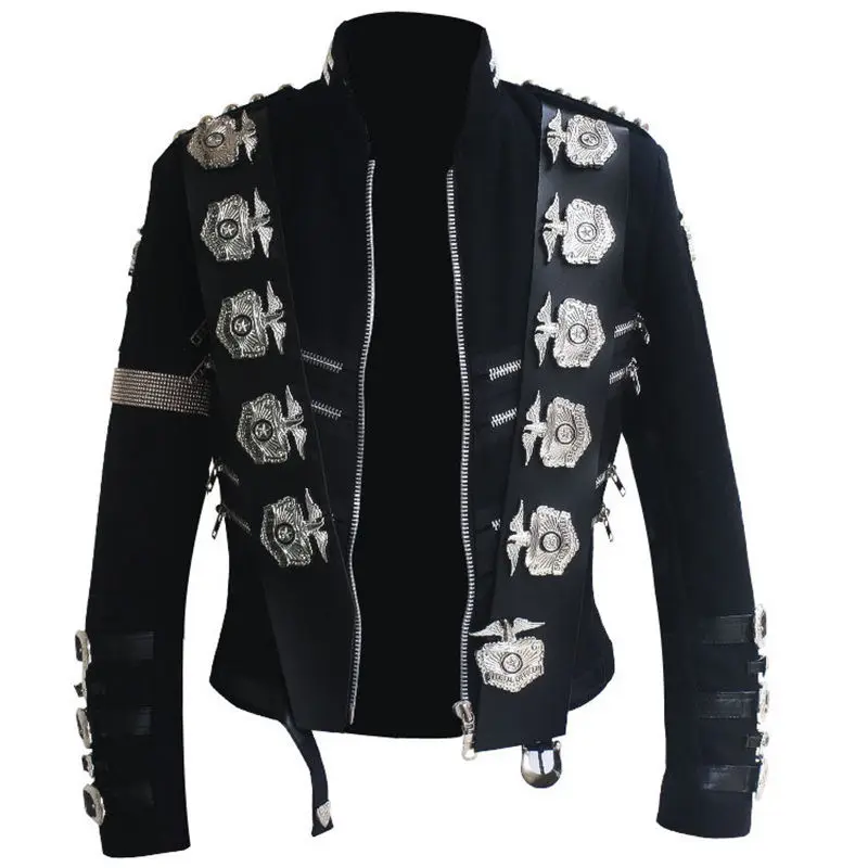 Impersonator Michael Joseph Jackson Costumes Jacket Stuff BAD Black With Silver Eagle Badges Punk Metal woolen Clothing