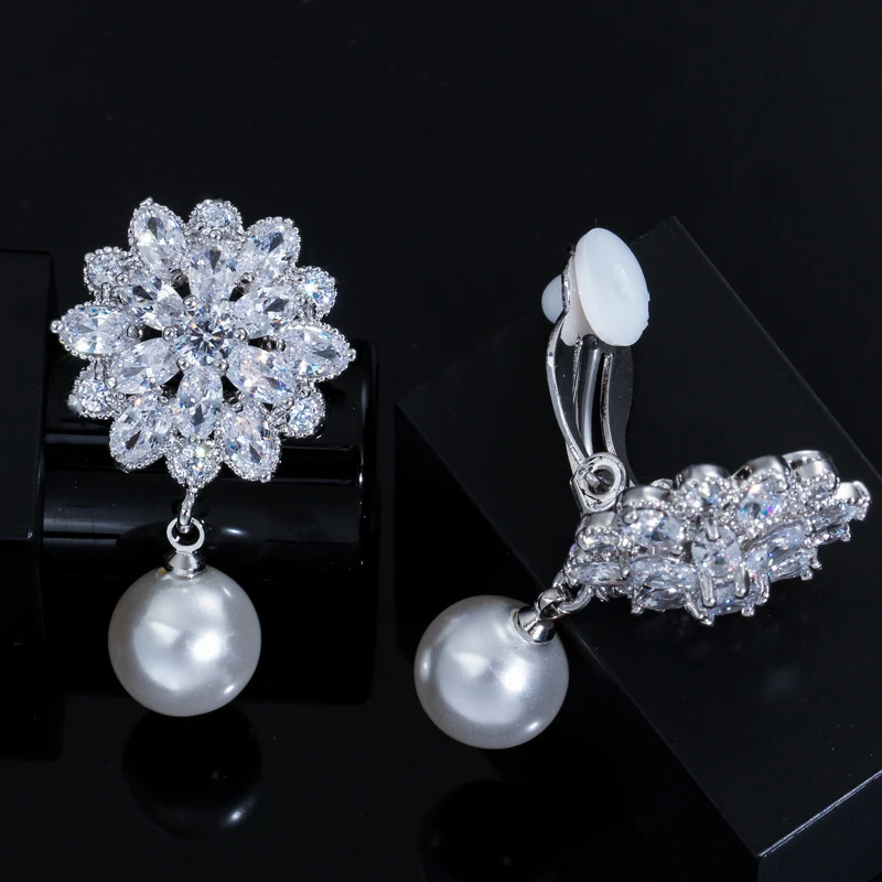 CWWZircons Fashion White CZ Crystal Drop Pearl Flower Clip on Earrings Non Pierced 5A Cubic ZIrcon Bridal Wedding Jewelry EJ0012