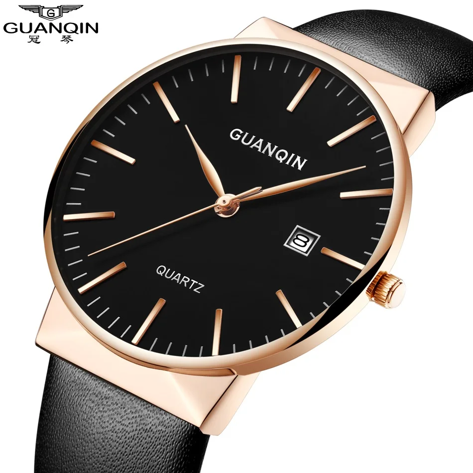 GUANQIN Watch Men Ultra Thin Simple Fashion Casual Quartz Men Watches Leather Strap Men Clock Wristwatch Birthday Gift