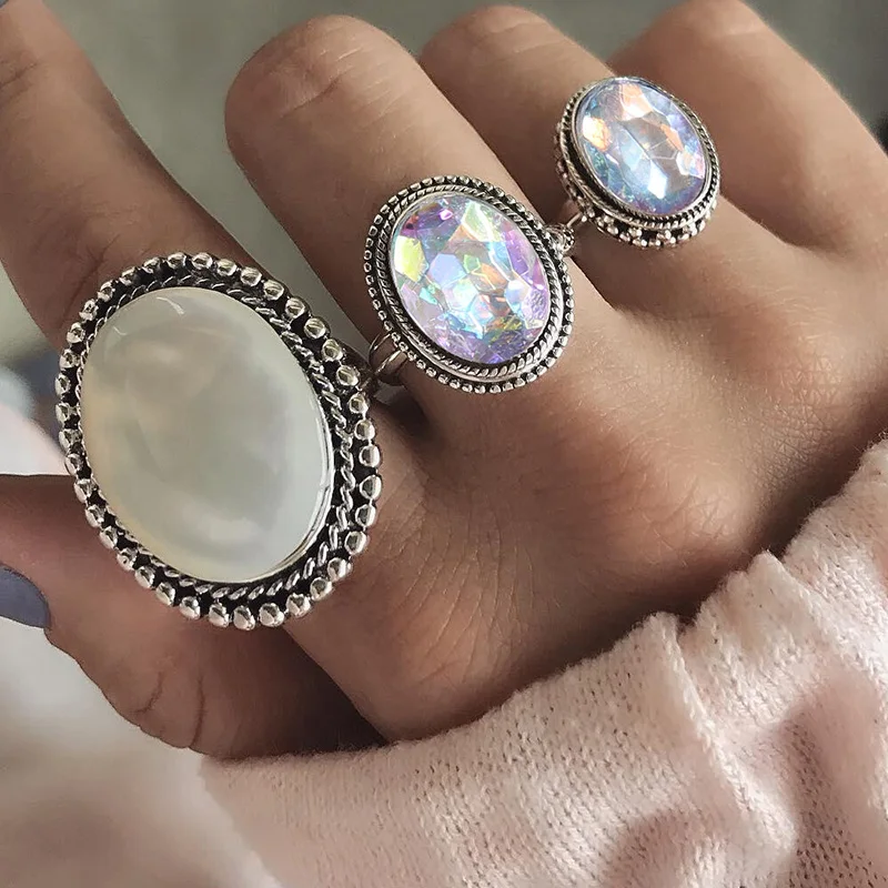 BOHO Big Opal Stone Colourful Midi Rings Set For Women New Design Retro Silver Color Vintage Finger Knuckle Ring Set Jewelry