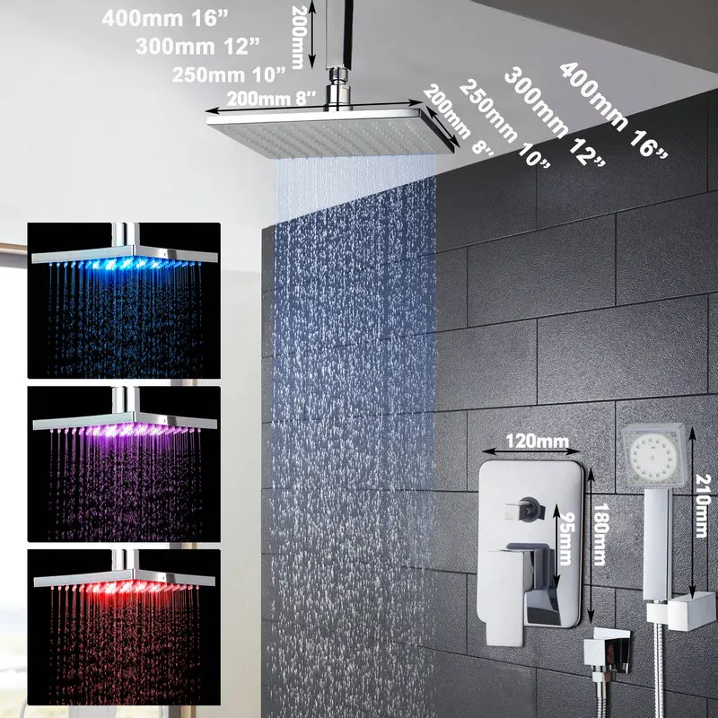 JIENI Luxury Wall Mounted LED Bathroom Rainfall Shower Faucet Sets 8 10 12 16 inch Stainless Steel Head with LED Hand Shower