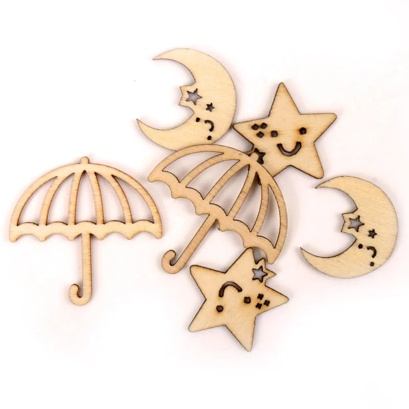 Cute Star Moon Umbrella Pattern Wooden Scrapbooking Painting Craft Handmade DIY Accessory Home Decoration 25-40mm 15pcs MZ227