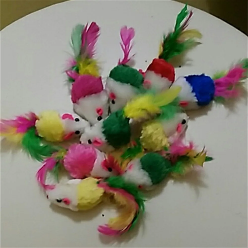 10Pcs/lot Soft Fleece False Mouse Cat Toys Colorful Feather Funny Playing Toys For Cats Kitten