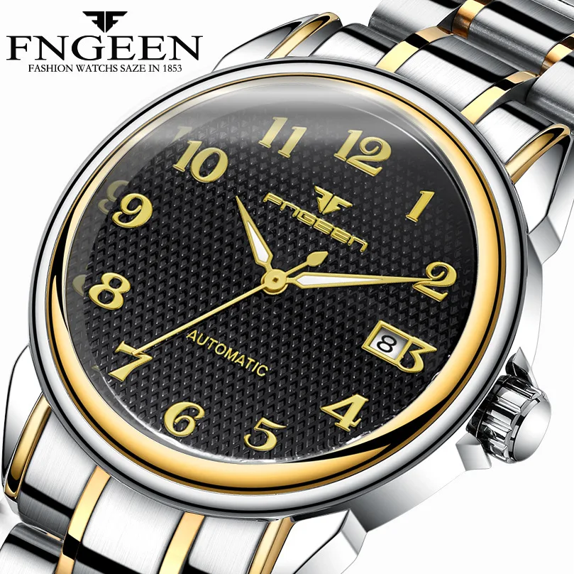 FNGEEN Brand Steel Mechanical Watches for Elder Men Top Quality Waterproof Luminous Digital Wristwatch Auto Date Saat Gold Watch