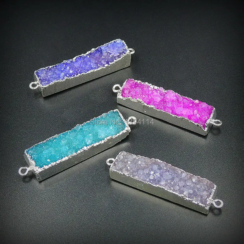 Mixed Color Crystal Druzy Bar Connector With Side Silver-plated Approx 40*10mm